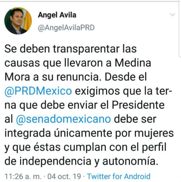 Ministro que sustituya a Medina Mora deberá ser una mujer: PRD