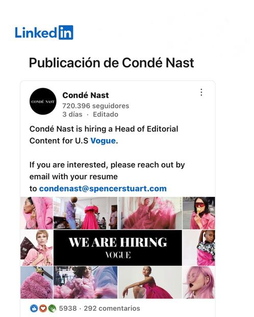 Vacante para ocupar el puesto de Ana Wintour en Vogue. Foto: LinkedIn