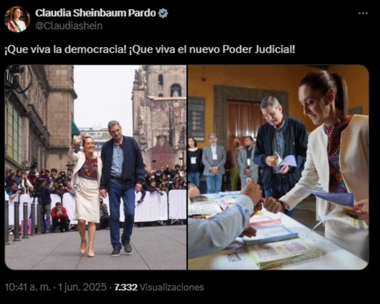 "!Que viva la democracia!", escribió Claudia Sheinbaum, presidenta de México, en su cuenta de X este 1 de junio. Foto: Captura de pantalla de la cuenta de X de @Claudiashein.