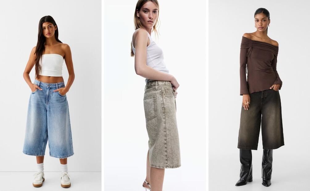 Las bermudas baggy se pueden usar con diferentes tipos de calzado, de tenis a botas. Foto: Bershka, HM y Stradivarius