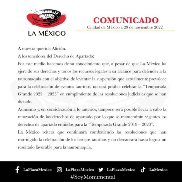 La Plaza de Toros México no realizará la temporada grande 2022 - 2023
