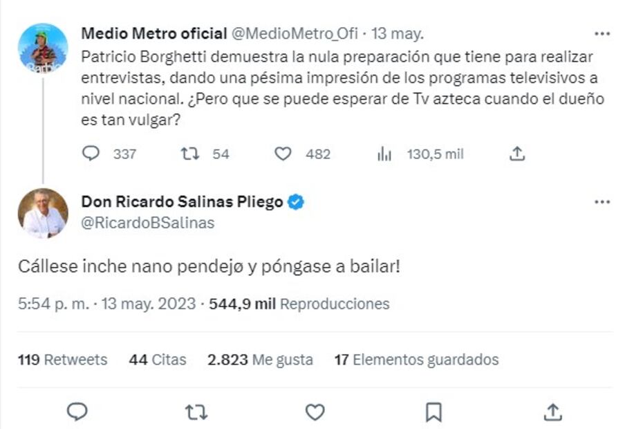Ricardo Salinas Pliego arremetió contra la exestrella de Sonido Pirata. Foto: Twitter