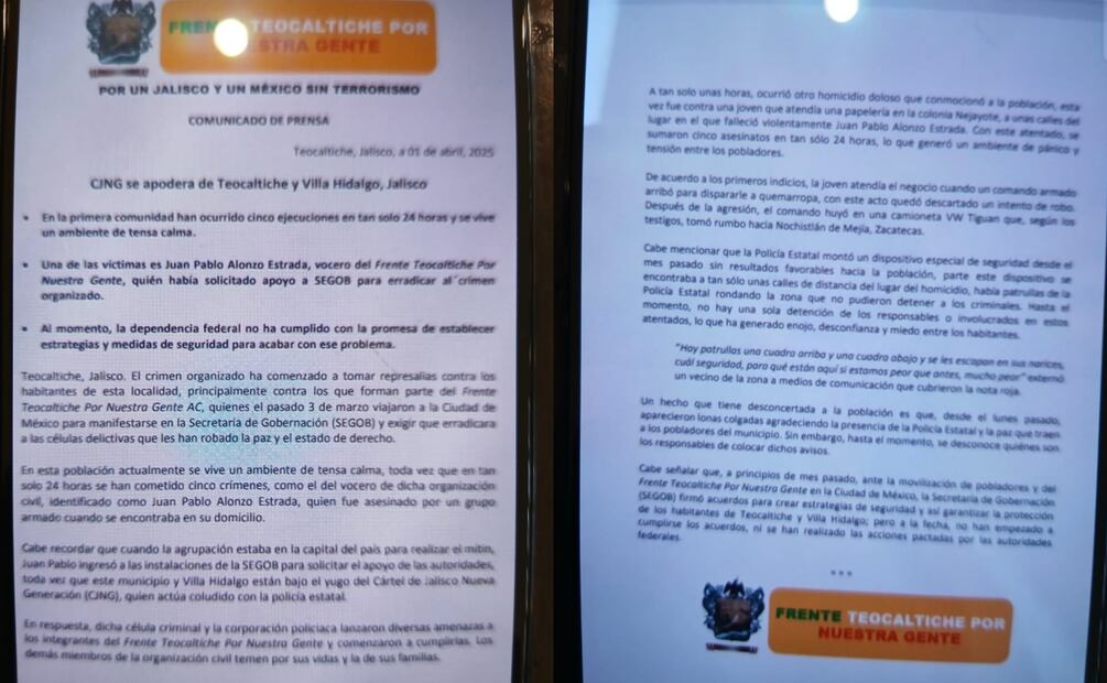 Comunicado del Frente Teocaltiche Por Nuestra Gente en Jalisco (02/04/2025). Foto: Especial