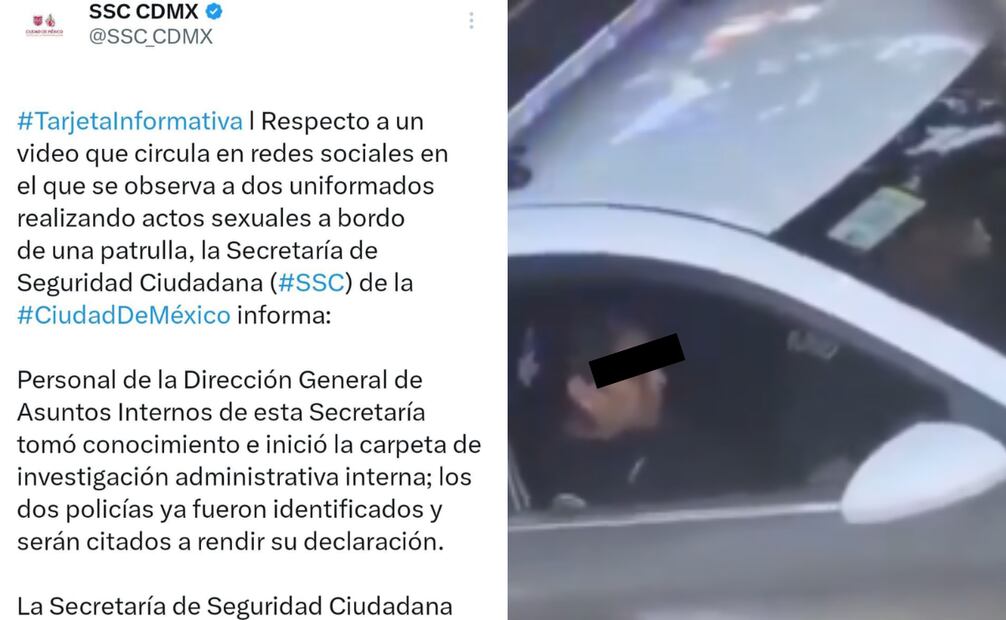 Policías de CDMX captados en acto íntimo en patrulla
Foto: Captura de pantalla en X
