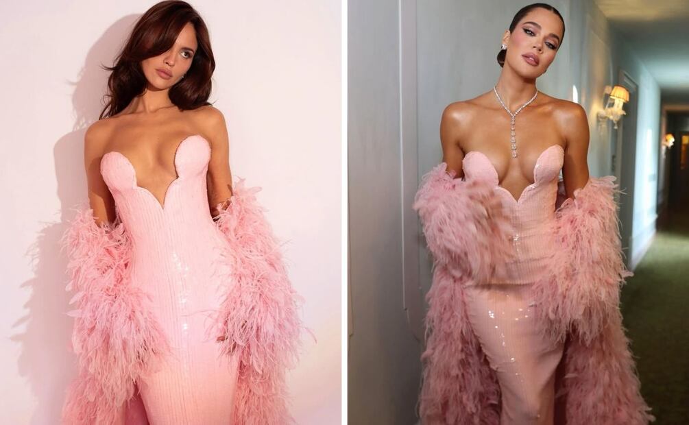 Eiza González y Khloé Kardashian posan con el mismo diseño de Tamara Ralph. Foto: Especial. Instagram @eizagonzalez @khloekardashian