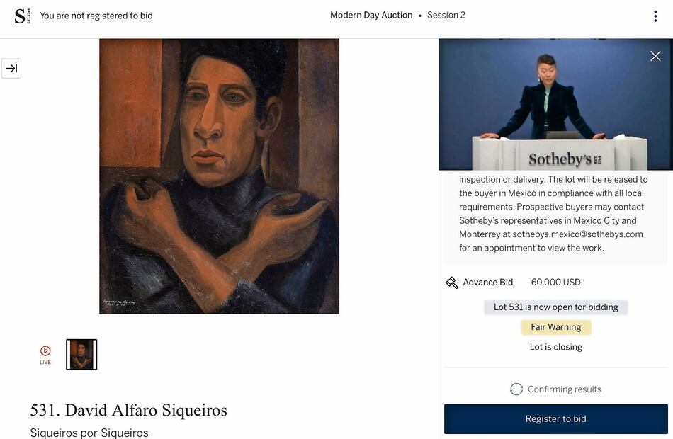 Por las restricciones, parece, Siqueiros por Siqueiros, de David Alfaro Siqueiros se vendió a la primera y única oferta de 60 mil dólares, 10 mil menos que su precio mínimo de salida de 70 mil dólares. Imágenes: https://www.sothebys.com