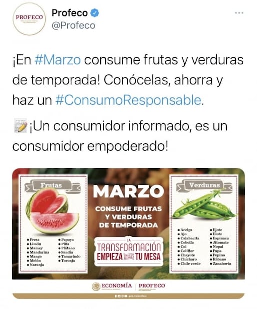 Frutas y verduras de temporada: Profeco
