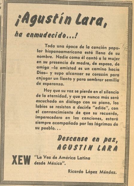 Agustín Lara, el adiós al poeta "feo" que enamoró a las mujeres