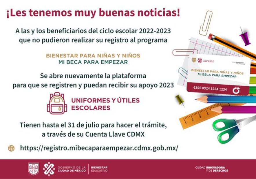 Abren registro para recibir apoyo de uniformes y útiles escolares en la CDMX / Twitter @BienestarEdu