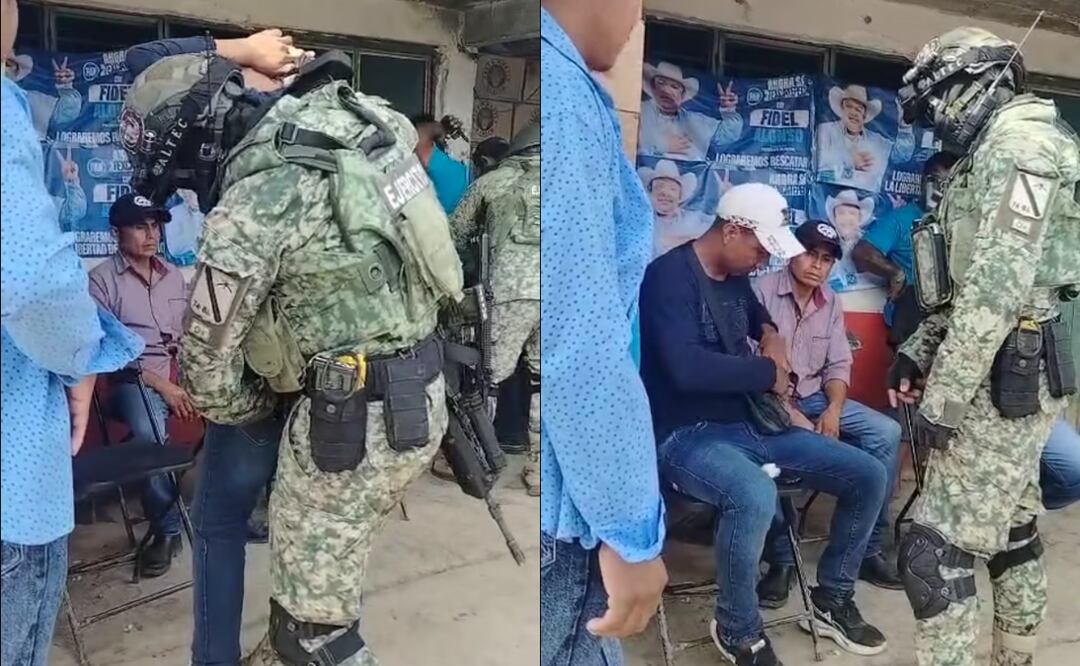 Revisiones corporales y a las pertenecías de personas en la vivienda del candidato en el municipio de Texcatepec en Veracruz (29/05/2025). Foto: Captura de video