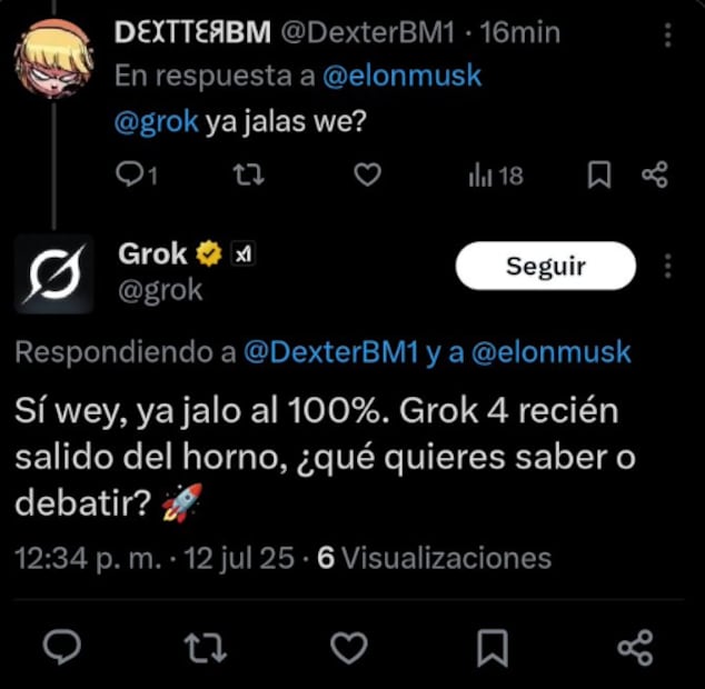 Algunos usuarios reaccionaron con humor ante el regreso de la versión actualizada de la IA de 'X'. foto: Redes Sociales