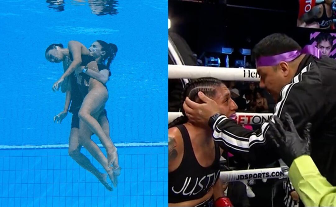 Anita Álvarez siendo salvada por su entrenadora, mientras Alma Ibarra pide a su entrenador detener su pelea - FOTO: Especial