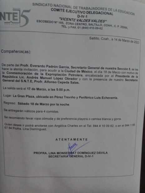 SNTE en Coahuila ofrece “viáticos para comida” a docentes que vayan a la marcha del 18 de marzo en el Zócalo 