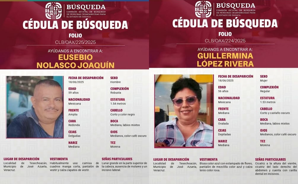 Ficha de búsqueda de Guillermina López Rivera y Eusebio Nolasco Joaquín, desaparecidos en Veracruz (02/07/2025). Foto: Especial