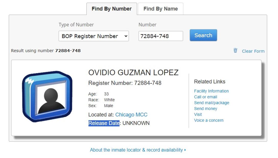 Ficha de Ovidio Guzmán en el Buró Federal de Prisiones.
