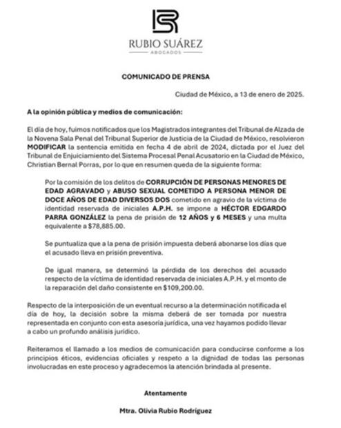 Mediante este comunicado se dio a conocer la nueva sentencia del actor. Foto: Captura de pantalla.