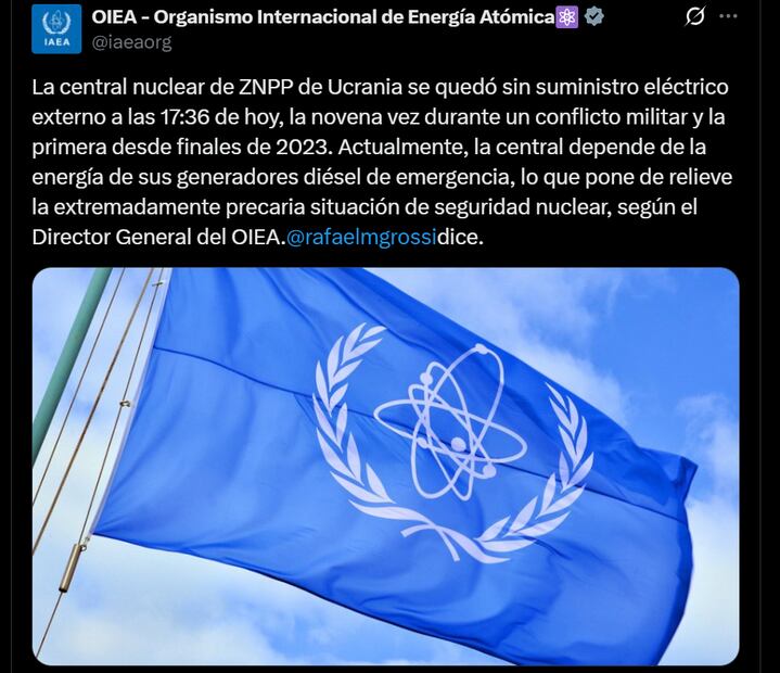 El Organismo Internacional para la Energía Atómica (OIEA) a través de su cuenta oficial de X. Foto: captura de pantalla
