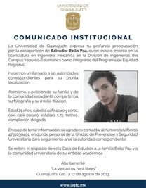 Buscan a estudiante universitario de ingeniería desaparecido en Salamanca, Guanajuato