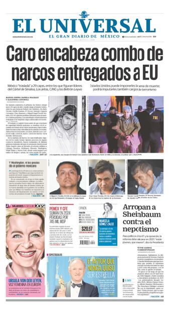 Portada 28 de febrero 2025 EL UNIVERSAL sobre la entrega de capos a EU / Foto: Especial