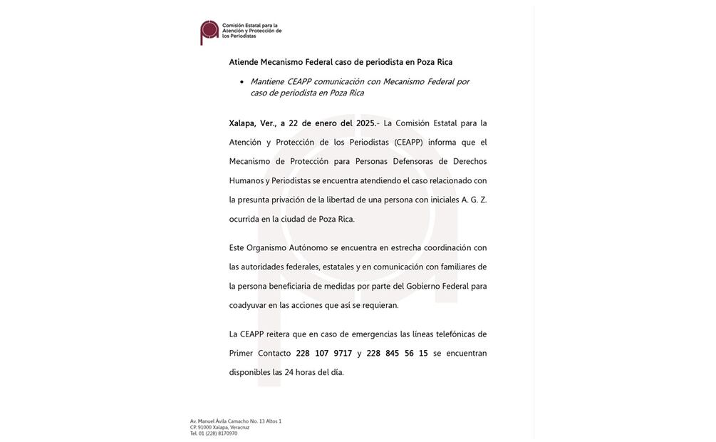 Comunicado de la Comisión Estatal para la Atención y Protección de los Periodistas (CEAPP) sobre el caso de Alan García Zúñiga (22/01/2025). Foto: Facebook