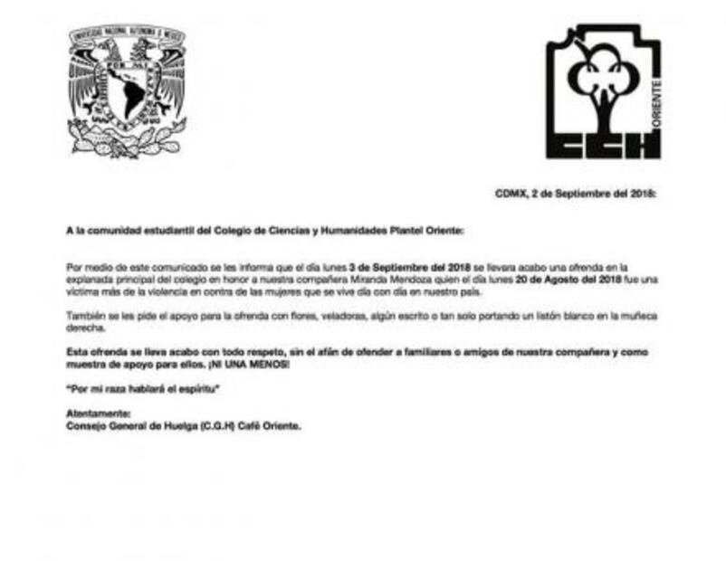 CCH Oriente condena feminicidio de estudiante Miranda Mendoza 