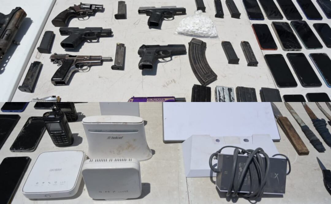 Autoridades ejecutan una nueva revisión en el penal de Culiacán y descubren 17 armas, 26 cargadores de diversos calibres y equipos de comunicación e internet (29/05/2025). Foto: Especial