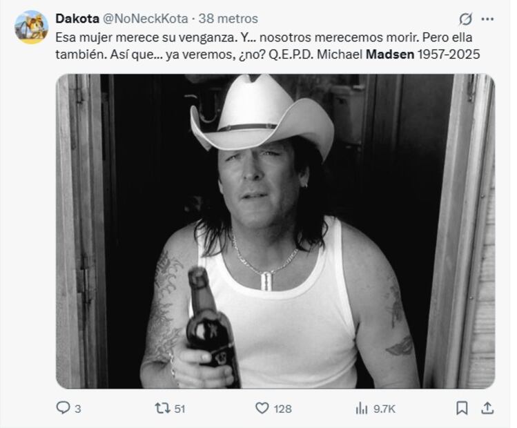 Despiden a Michel Madsen con las mejores frases e imágenes; usuarios reaccionan en X. Fuente: X