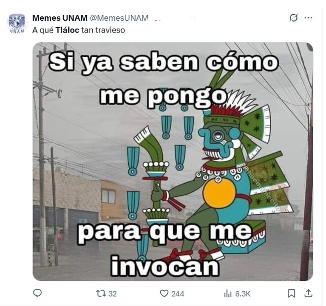 Los mejores memes que dejó la lluvia de este domingo 10 de agosto, usuarios hacen reclamo a Tláloc. Foto: Captura de pantalla