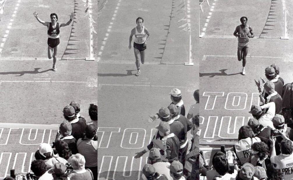 La cámara captó la llegada de los finalistas del maratón del '85, de izq. a der.: Manuel Vera, con 2h 22'; Miguel Ángel Cruz, con 2h 27'; y Mohammed Rutinginga, con 2h 29'. Archivo EL UNIVERSAL.