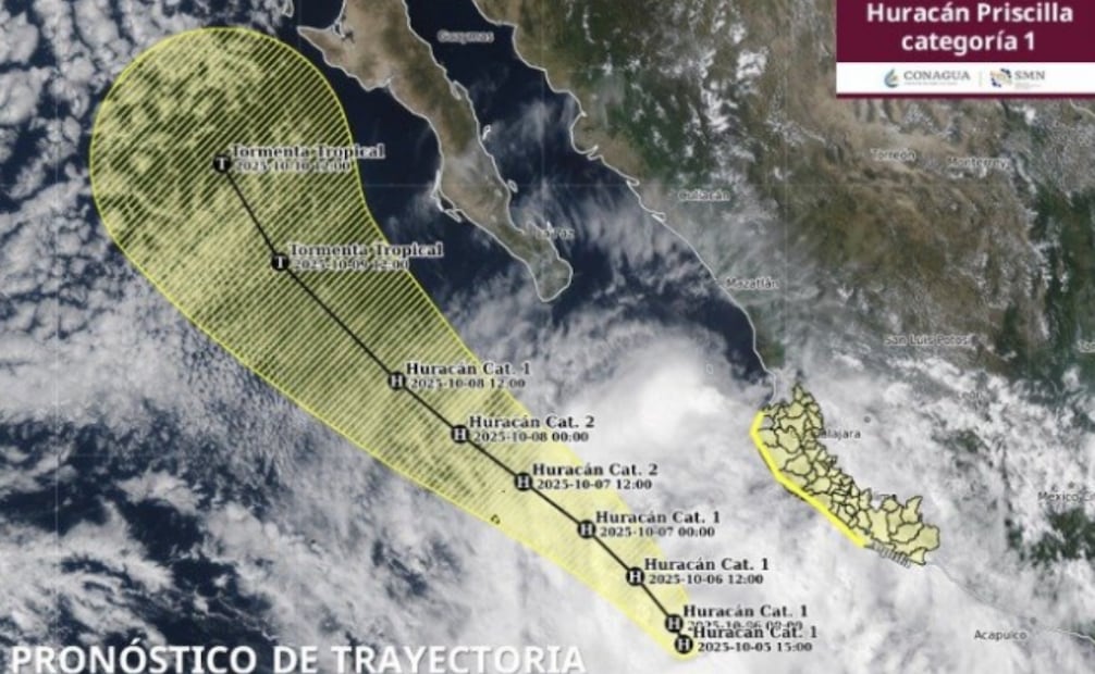Pronóstico de trayectoria del huracán "Priscilla" (05/10/2025). Foto: Conagua