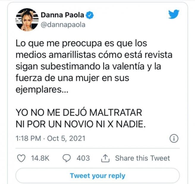 "Yo no me dejó maltratar ni por un novio ni por nadie", responde Danna Paola