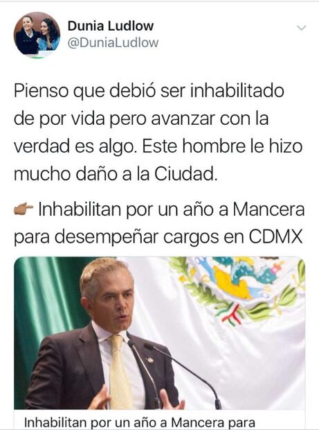 Mancera tuvo que ser inhabilitado de por vida: Dunia Ludlow