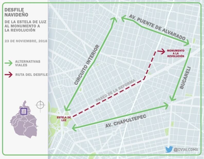 Realizan cierres viales sobre Paseo de la Reforma por desfile navideño