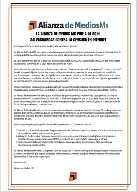 Comunicado de la Alianza de Medios MX. Foto: Especial