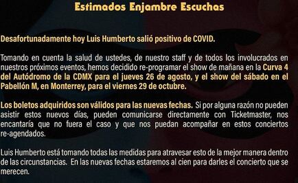 Enjambre pospone conciertos; vocalista se contagió de Covid