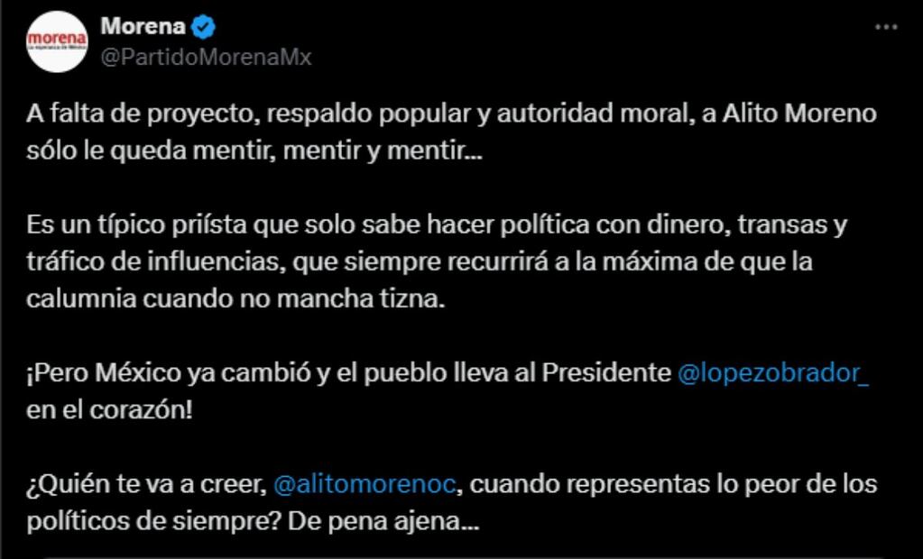 Trifulca por “El Cártel de Macuspana” escala: PRI y Morena intercambian acusaciones en la red social “X” este martes 23 de septiembre de 2025. Foto: Captura