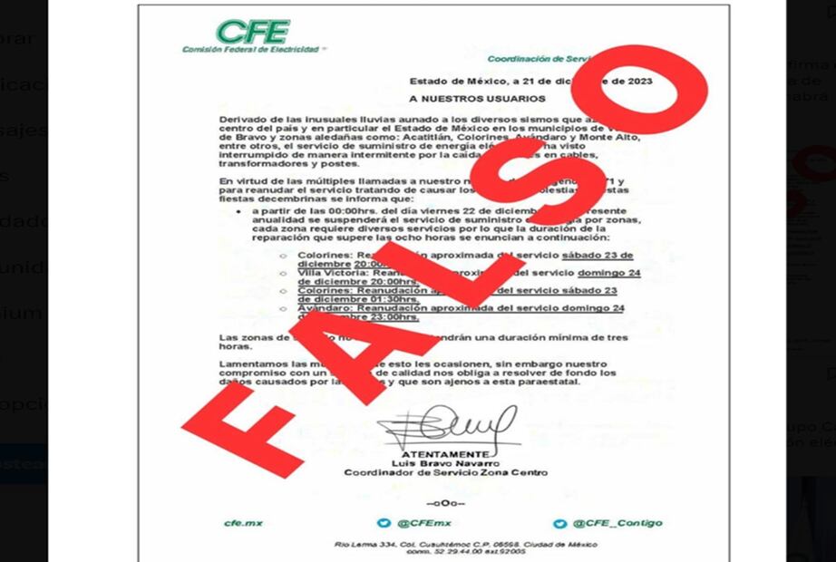 La CFE negó que vaya a haber apagones en diversos municipios del Estado de México. Foto: @CFEmx