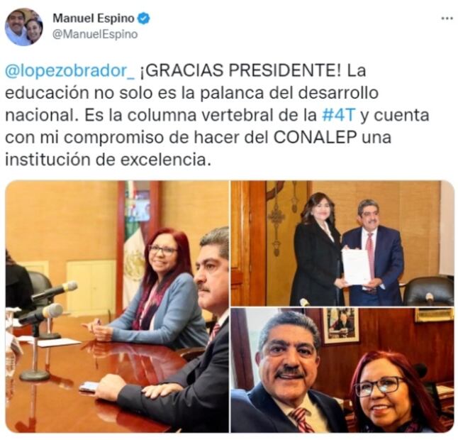 “¡Gracias Presidente!”: Manuel Espino agradece a AMLO nombramiento como director del Conalep