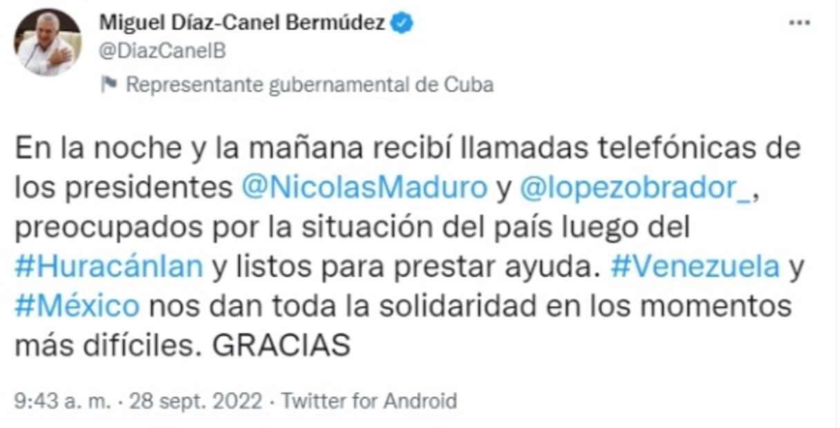 Díaz-Canel agradece a AMLO por estar listo para “prestar ayuda” a Cuba tras paso de “Ian”