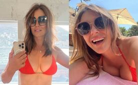 Elizabeth Hurley enamora a sus seguidores con diminuto bikini salmón a sus 61 años 