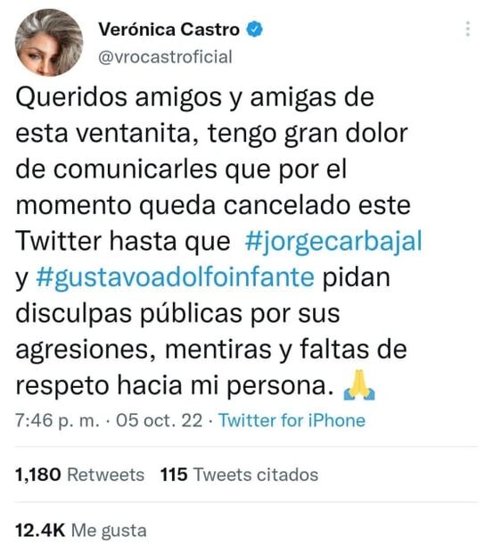 Verónica Castro se despide de Twitter, culpa a dos personas, una de ellas Gustavo Adolfo Infante