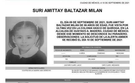 Activan Alerta Amber por Suri Amittay Baltazar menor de 6 años desaparecida en la GAM