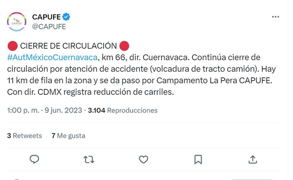 Continua cerrada la circulación de la México-Cuernavaca. FOTO:@CAPUFE