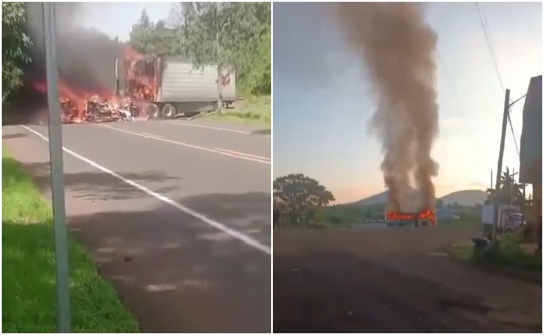 Queman dos tráileres y una camioneta para exigir la aparición de 7 policías comunales. Foto: Captura de video