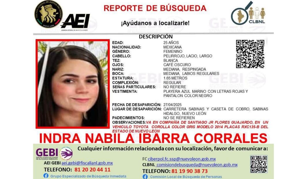 Ficha de búsqueda de la joven mexicana desaparecida en Sabinas Hidalgo, Nuevo León (30/04/2025). Foto: Especial