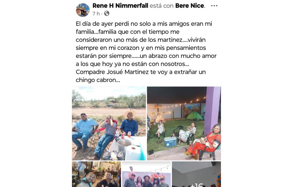 Mensaje donde amigos lamentan muerte de familia en accidente de volcadura de Nuevo León (24/03/2025). Foto: Especial