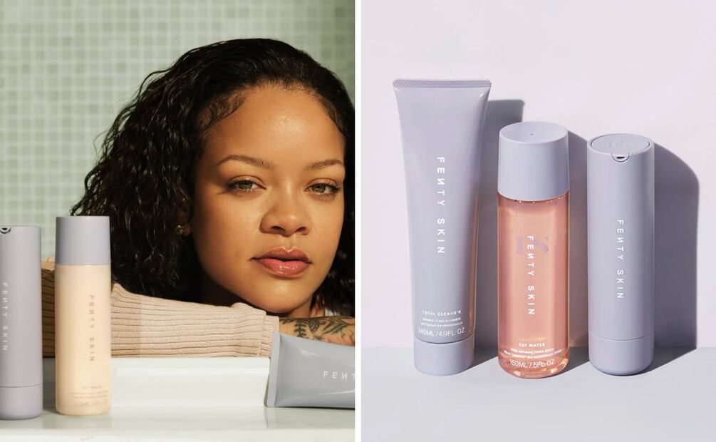Rihanna con productos de su línea de skincare. Foto: Especial