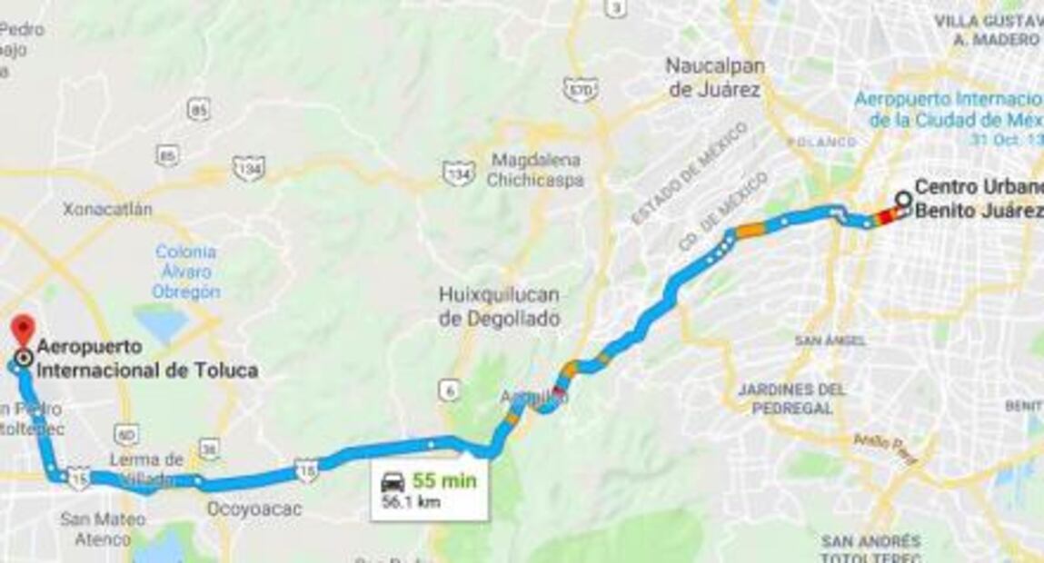 ¿Cuánto tiempo harás de la base de Santa Lucía al aeropuerto de la CDMX y al de Toluca?