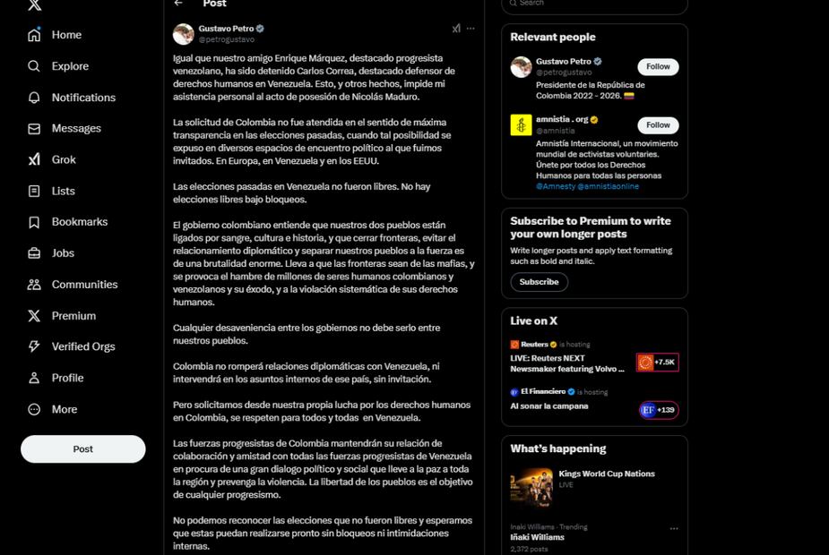El presidente de Colombia Gustavo Petro pidió la libertad para Carlos Correa y afirmó que Colombia NO romperá relaciones con Venezuela. (08/01/25) Foto: Captura de Pantalla