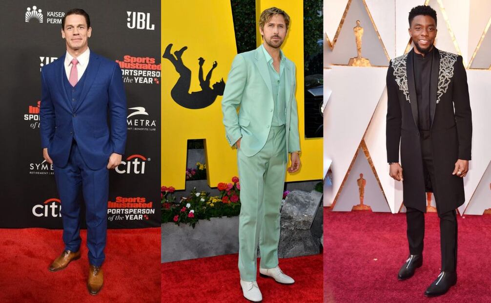 Tres actores que siempre destacan con sus trajes, en años recientes, son John Cena (izq.), Ryan Gosling (centro) y el difunto Chadwick Bossman (der.). ESPECIAL.